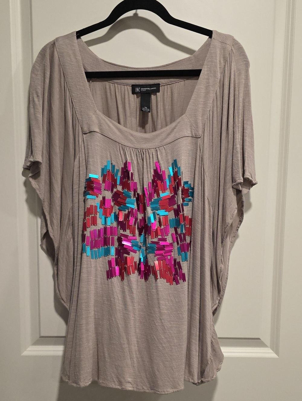 INC International Concepts Taupe Sequin Butterfly Short Sleeve Top